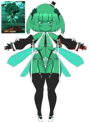 blood elf_ears fairy fairy-long-legs fairy_wings female female_focus green_eyes green_hair green_skin green_slime humanized limbus_company medium_breasts monster monster_girl project_moon rule_63 see-through slime slime_girl small_hat top_hat