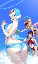 3girls android ass axl_(mega_man) bikini breast_size_difference breasts genderswap_(mtf) helmet highres jxwfl large_breasts medium_breasts mega_man mega_man_zero multiple_girls robot rule_63 small_breasts swimsuit thighs x_(mega_man) zero_(mega_man)