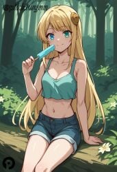 ai_generated bare_arms bare_shoulders blonde_hair blue_eyes blue_shorts breasts cleavage closed_mouth collarbone crop_top denim denim_shorts female flower food forest green_eyes hair_ornament heterochromia holding isekai_wa_smartphone_to_tomo_ni. long_hair looking_at_viewer medium_breasts midriff nature navel outdoors pikkiwynn popsicle shirt short_shorts shorts sitting sleeveless smile solo stomach tank_top thighs tree very_long_hair yumina_elnea_belfast