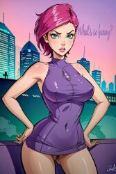 4kids_entertainment ai_generated city city_background crystal hand_on_hip huge_breasts nickelodeon no_panties pink_hair pubic_hair pussy rainbow_(animation_studio) short_hair sleeveless_dress tecna tecna_(winx_club) thin_waist tight_clothing winx_club