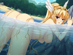 1girls ass blonde_hair blue_eyes blush breasts censored female fingering head_wings large_breasts long_hair masturbation monster_park nipples nude ponytail solo submerged tiara tied_hair valkyrie very_long_hair water