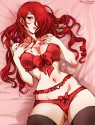 1girls 2024 alternate_costume atlus black_legwear black_thighhighs blush bra breasts clothing dated female female_only long_hair matching_underwear minacream mitsuru_kirijo panties persona persona_3 red_bra red_eyes red_hair red_panties solo spread_legs thighhighs