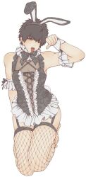 6zyo_hitoma alternate_costume armbands black_hair bunny_boy bunny_ears bunny_tail corset crossdressing fake_animal_ears fishnet_legwear fishnet_thighhighs fishnets frills full_body garter_straps gintama hijikata_toshiro kneeling leotard lingerie looking_at_viewer male male_only muscular open_mouth solo thighhighs tongue_out tutu wrist_cuffs