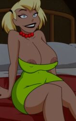 1girl 1girls 2024 2024s 2d areola areolae batman_(series) bed big_breasts big_nipples black_lipstick blonde_hair boob_window breasts cleavage cosplay dc dc_comics dress edit edited female female_focus female_only green_clothing green_dress harleen_quinzel harley_quinn harley_quinn_(classic) marge_simpson_(cosplay) nerota nipple_slip nipples pearl_necklace short_hair sitting_on_bed smile the_simpsons