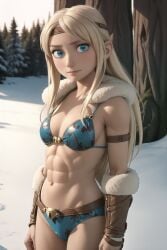 1girls abs ai_generated armband astrid_hofferson athletic_female bikini bikini_armor blonde_hair blue_bikini blue_eyes bracers cleavage closed_mouth dreamworks eyelashes fantasyai female female_only fit fit_female fur_collar fur_trim headband how_to_train_your_dragon inner_sideboob leather light-skinned_female light_skin lips long_hair looking_at_viewer navel outdoors outside revealing_clothes sideboob skimpy skimpy_armor slim slim_figure small_breasts snow solo solo_female thighs trees winter