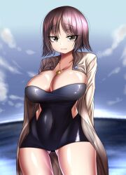 beach big_breast big_breasts blue_swimsuit blue_swimwear brown_eyes curvy game_freak huge_breast huge_breasts lab_coat labcoat large_breast large_breasts nintendo ocean philena_ivy pokemon pokemon_professor pokemon_rgby purple_hair purple_hair_female swimsuit swimwear