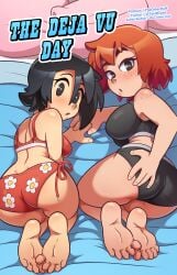 2girls ass ass_grab barefoot bed bedroom bikini black_eyes black_hair black_panties blush comic cover_page english_text female female_only freckles kim_pine kneeling knives_chau looking_at_viewer looking_back orange_bikini panties print_bikini red_hair scott_pilgrim short_hair side-tie_bikini tagme text the_other_half