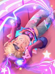 blonde_hair ezreal headphones heart heart-shaped_pupils jeans lawwclair league_of_legends league_of_legends:_wild_rift lovestruck_ezreal lovestruck_series male male_only masculine pink pink_background purple_eyes smile smiling_at_viewer solo solo_male upside-down zipper zipper_down