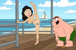 1boy 1girls 20th_century_fox 2d big_breasts bonnie_swanson family_guy female female_pubic_hair glasses landing_strip leg_up legs_apart long_hair no_bra no_panties nude_female peter_griffin pier public short_hair