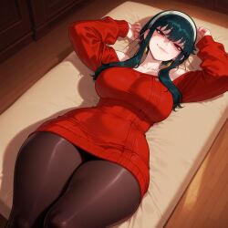1girls ai_generated arms_up balecxi bangs bare_shoulders bed black_hair black_legwear black_pantyhose blush breasts brown_pantyhose closed_mouth clothing collarbone curvaceous curvaceous_female curvaceous_figure curvy curvy_figure dress earrings female female_focus female_only gold_earrings hairband half-closed_eyes headwear indoors inviting inviting_to_sex jewelry large_breasts legwear long_hair long_sleeves looking_at_viewer lying off-shoulder_sweater off_shoulder on_back pantyhose patreon_username presenting presenting_breasts presenting_self red_eyes red_sweater seductive seductive_look seductive_smile shaded_face sidelocks smile solo spy_x_family stable_diffusion sweater sweater_dress thick_thighs thighs voluptuous voluptuous_female white_hairband wide_hips yor_briar yor_forger