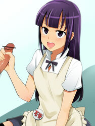 1boy 1girls censored female handjob hime_cut human long_hair male nakasone_haiji penis purple_hair straight waitress working!! yamada_aoi zettai_ryouiki