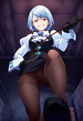 1girls ai_generated blue_hair capcom evil_grin female femdom footwear franziska_von_karma from_below gyakuten_saiban hunterai indoors karuma_mei looking_at_viewer no_panties pantyhose portrait pussy red_eyes riding_crop skirt solo stepped_on stepping_on_viewer tagme upskirt