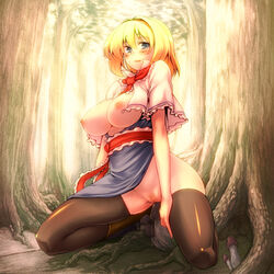 alice_margatroid blonde_hair blue_eyes blush boots breasts female female_only forest human kneeling large_breasts mushroom nature nipples no_panties open_clothes open_shirt pubic_hair pussy shirt solo thighhighs touhou tree tro uncensored