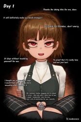 1boy amamiya_ren chastity_cage english_text female femdom highres leoderorero looking_at_viewer niijima_makoto open_mouth penis persona persona_5 self-upload short_hair smile speech_bubble testicles