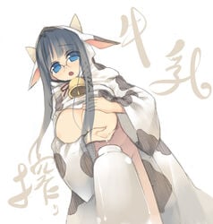 animal_ear bell blue_eyes bottle breasts costume cow_accoutrements cow_ear cow_girl cow_print cowbell fake_horns glasses horns huge_breasts kashiwamochi_yomogi lactation large_breasts milk milk_bottle