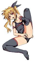 censored fate_testarossa feet kurosho lyrical_nanoha mahou_shoujo_lyrical_nanoha panties panties_aside pussy solo spread_legs spread_pussy thighhighs underwear