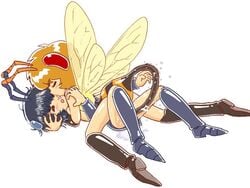 2girls ant antenna antennae bee bee_girl bi-nyo black_hair bondage_fairies brown_hair face_licking female hornet insect_girl melon monster_girl multiple_girls penetration pukao short_hair tail tail_insertion tail_rape wings yuri