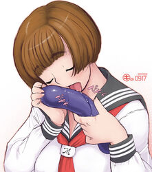 closed_eyes dildo kei_jiei licking okappa original saliva school_uniform serafuku short_hair