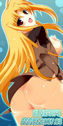 blush bottomless breasts fate_testarossa female female_only ibuki_pon jacket long_hair lyrical_nanoha mahou_shoujo_lyrical_nanoha mahou_shoujo_lyrical_nanoha_strikers nipples no_bra no_panties pussy red_eyes solo tsab_ground_military_uniform