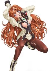 1990s 1999 20th_century boots breasts clothing cum elhaym_van_houten long_hair minagi_tomo nipples open_clothes open_shirt pantyhose shirt simple_background xenogear xenogears