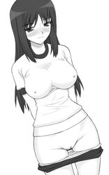 1girls :3 blush buruma buruma_pull clothing erect_nipples erect_nipples_under_clothes female gym_uniform kurusugawa_ayaka large_breasts long_hair monochrome nipples panties pointy_chin pussy shichimenchou solo to_heart to_heart_(series) uncensored