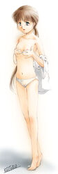 bra breast_press breasts brown_hair clothing flat_chest kyoutarou lingerie long_hair original panties ponytail tied_hair underwear undressing