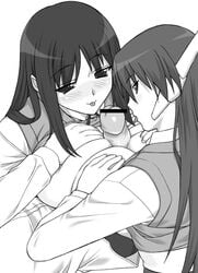 :3 :p blush breasts censored clothing double_paizuri female kurusugawa_ayaka large_breasts long_hair male monochrome paizuri penis serio_(to_heart) shichimenchou straight teamwork threesome titfuck to_heart to_heart_(series) tongue unseen_male_face