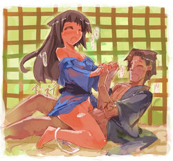 barefoot blush couple cowgirl_position female japanese_clothes kimono male okome_rice original panties panties_around_one_leg sex short_kimono straight uncensored underwear