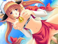 animal_ears aoi_yuji aoi_yuuji arms_up beach bell bell_collar bikini bikini_pull blush breast_grab breasts censored collar cow_accoutrements cow_ears cow_girl cow_print cowbell doggy_style dutch_angle earrings erect_nipples female game_cg groping jewelry long_hair maid_headdress nipple_tweak nipples orange_hair penis puni_puni_handmaid purple_eyes sarong sex swimsuit tied_hair twintails vaginal_penetration