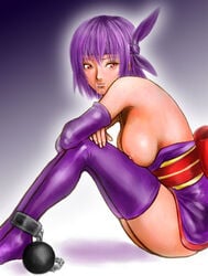 ayane_(doa) breasts chained chains cum cum_in_mouth dead_or_alive elbow_gloves female female_only gloves headband human human_only latex looking_back nekoi_mie purple_hair red_eyes shirt_pull short_hair solo thighhighs topless