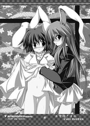 animal_ears bunny_ears clothes female female_only long_hair monochrome multiple_females reisen_udongein_inaba s_e_n sen_(astronomy) short_hair skirt skirt_lift tewi_inaba touhou