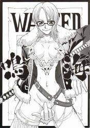 1girls assertive belt blush bottomless breasts cleavage covering_crotch english_text female female_only fur_trim glasses gloves greyscale grin jacket japanese_text looking_at_viewer manga middle_finger monochrome murata nami nami_(one_piece) necklace one_piece open_jacket poster pre-timeskip short_hair skull solo solo_female spread_legs straight_hair sword tashigi_(cosplay) text thighhighs topless wanted wanted_poster weapon