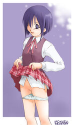 blue_eyes blue_hair clothing hair_over_eyes hair_over_one_eyes kyoutarou lowres mahou_sensei_negima mahou_sensei_negima! miniskirt miyazaki_nodoka navel panties panty_pull plaid plaid_skirt pussy pussy_juice ribbon ribbons shirt skirt skirt_lift tartan tears underwear white_panties white_shirt