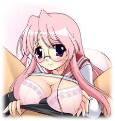 blush bra breasts clothed_sex female glasses huge_breasts human lingerie lucky_star male miyuki_takara narutaki_shin paizuri penis pink_hair purple_eyes straight underwear