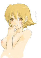 1girls bare_shoulders breasts brown_eyes brown_hair bust cum earrings facial female finger_to_lips finger_to_mouth jewelry looking_at_viewer lyrical_nanoha mahou_shoujo_lyrical_nanoha mahou_shoujo_lyrical_nanoha_strikers mochiya nipples nude pinky_out shamal short_hair solo topless