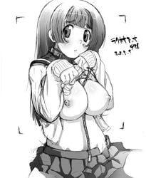 breasts huge_breasts kei_jiei momocan_egoism monochrome nipples original shirt_lift sketch