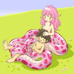 1boy 1girls breasts brown_hair censored coiled earrings female happy_sex jewelry lamia male melon monster_girl naga nude penis pink_hair pukao scales snake tail tail_wrap tailjob wrapped yellow_eyes