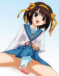 brown_hair cameltoe censored grinding hair_ribbon hair_ribbons high_resolution love_bulge outercourse panties penis pussy_juice ribbon ribbons school_uniform serafuku short_hair skirt skirt_lift sugimura_tomokazu suzumiya_haruhi suzumiya_haruhi_no_yuuutsu underwear wet wet_panties