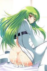 ass blush bodysuit c.c. code_geass cum cum_on_ass cum_on_body cum_on_lower_body dat_ass from_behind green_hair high_heels huge_ass long_hair looking_back no_panties shoes sitting solo strap yameta_takashi yellow_eyes