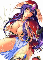 armor artist_request blue_hair blush breast_gun breasts breasts_out dragon_quest dragon_quest_iii female helmet huge_breasts human lactation large_breasts long_hair milk milking naughty_face nipple_pinch nipple_tweak nipples pauldron pauldrons purple_hair sitting soldier_(dq3) uncensored winged_helmet