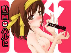 :p armpits blush breasts brown_eyes brown_hair bust caressing_testicles female female_only hair_ribbon hairband handjob hands human licking looking_back nude oral ribbon short_hair solo suzumiya_haruhi suzumiya_haruhi_no_yuuutsu tekuteku_(yuuhodou) tongue topless