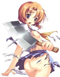 07th_expansion 1girls ass billhook breasts female female_only higurashi_no_naku_koro_ni nipples no_bra no_panties ryuuguu_rena school_uniform serafuku solo tomose_shunsaku torn_clothes