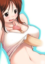 blush breasts brown_eyes brown_hair camisole censored female ikujitto mabinogi male navel paizuri paizuri_under_clothes penis shirt_lift smile straight