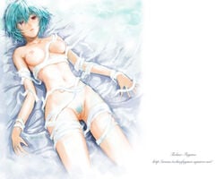 bandage bed blue_hair breasts female fuyuno_haruaki hair lying naked_bandage navel neon_genesis_evangelion nipples nude on_back pale_skin pubic_hair pussy red_eyes rei_ayanami short_hair small_breasts solo straight_hair uncensored wallpaper