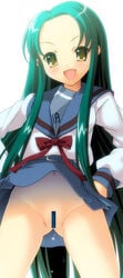 censored cute_fang fugetsu_taku green_hair long_hair maebari navel no_panties pussy school_uniform serafuku suzumiya_haruhi_no_yuuutsu tsuruya very_long_hair yellow_eyes