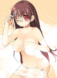 1girls arima_senne brown_eyes brown_hair cum cum_in_hair female female_only glasses human kashiwamochi_yomogi long_hair looking_at_viewer nude one_eye_closed original solo sweat towel white_skin