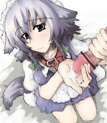 animal_ear braid censored cum dog_ear dog_tail fur handjob inu_sakuya kemonomimi_mode maid penis sakuya_izayoi short_hair silver_hair solo tail touhou twin_braids two-handed_handjob