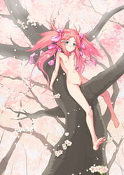 1girls against_tree barefoot blue_eyes bow breasts feet female flat_chest flower forest hairbow in_tree legs long_hair nipples nude original outdoors outside pink_hair quad_tails ribbon sitting sitting_in_tree soles solo toes tree trees zenra