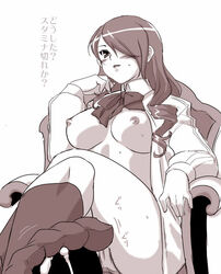 blush bow breasts breasts_apart chair crossed_legs cum dr.p feet femdom footjob footjob_with_legwear footwear hair_over_one_eyes large_breasts legs_crossed long_hair mitsuru_kirijo monochrome no_bra open_clothes open_shirt panties persona persona_3 shirt sitting small_penis socks toes translated underwear