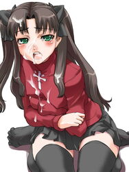 1girls clothes cum cum_on_clothes cum_on_hair facial fate/stay_night fate_(series) female female_only human miniskirt shinama skirt solo thighhighs tohsaka_rin turtleneck zettai_ryouiki